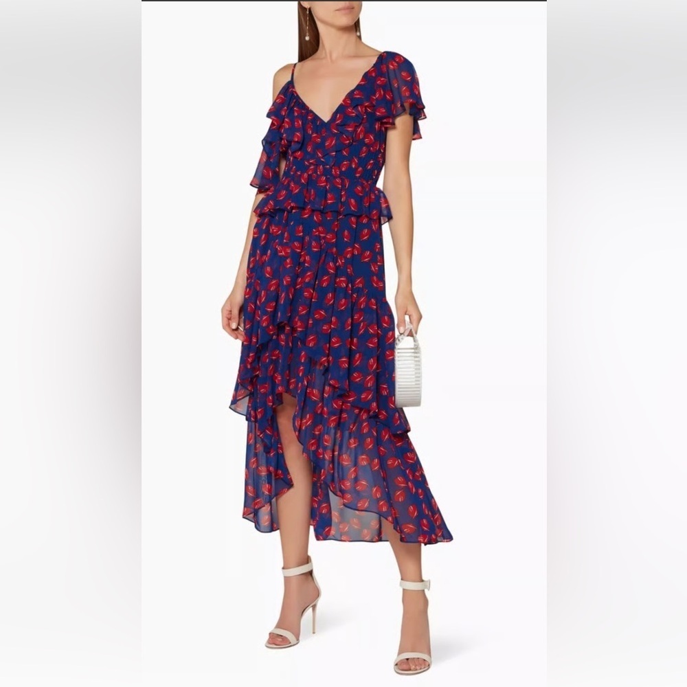 Misa Los Angeles Loulou Ruffled Midi Dress In Navy Blue Red Print in SZM. J-54
